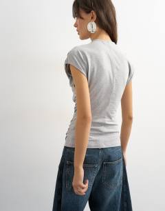Model wearing Wrap front ruched short sleeve top in grey marl