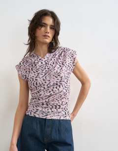 Wrap front short sleeve top in multi