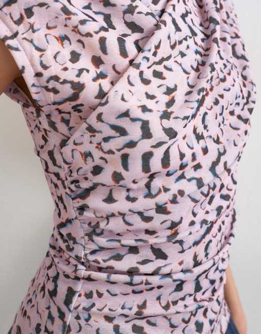 Topshop wrap front short sleeve top in multi, 3 of 4