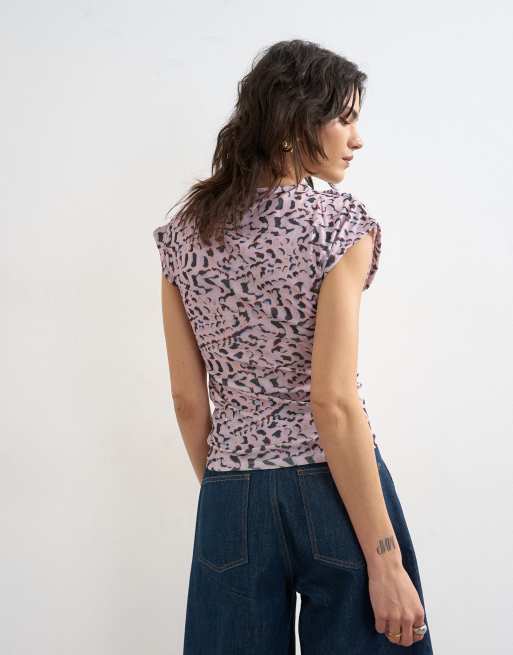 Topshop wrap front short sleeve top in multi, 4 of 4