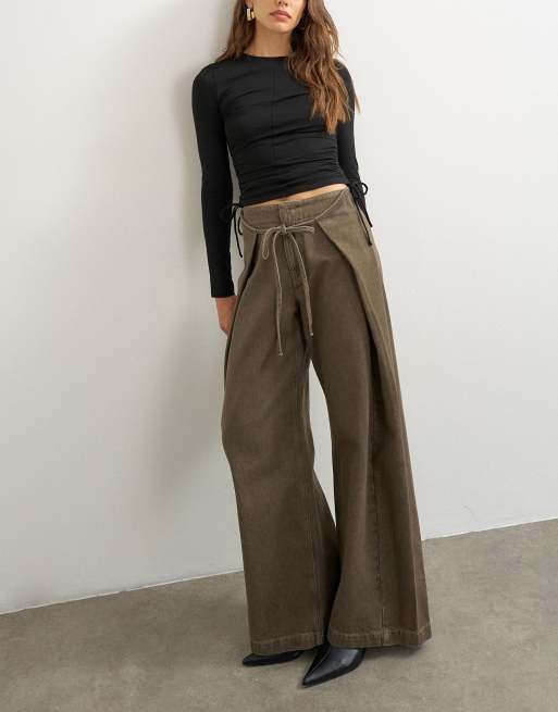 Topshop wrap front tie tailored jean in olive, 5 of 5