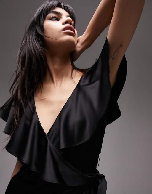 Topshop wrap maxi dress with frill sleeve in black, 3 of 4