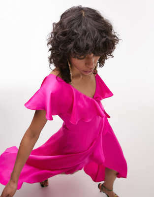 Topshop Wrap Maxi Dress With Frill Sleeve In Fuschia Pink