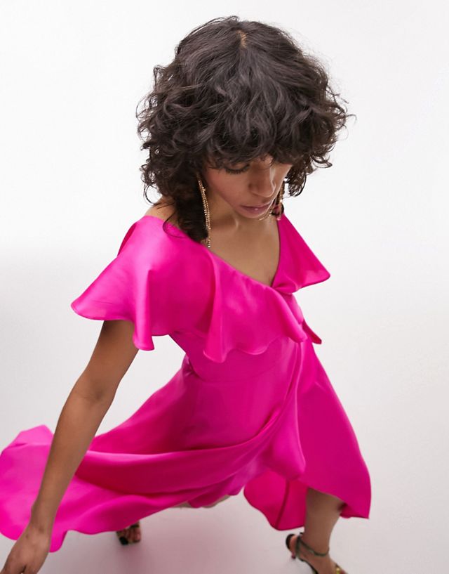 Topshop wrap maxi dress with frill sleeve in fuschia pink