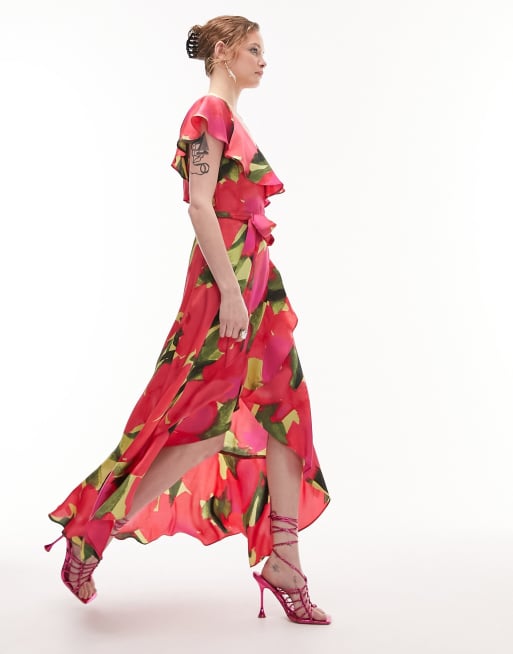 Topshop wrap maxi occasion dress with frill sleeve in red print