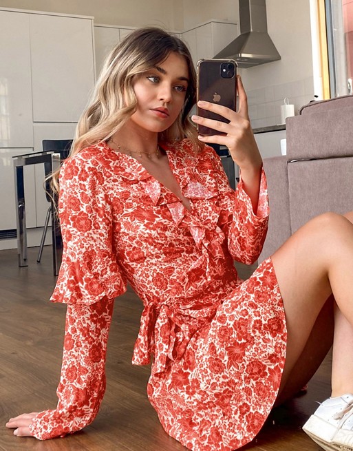 Topshop wrap mini dress in red floral print
