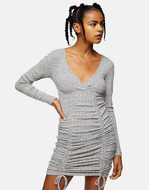  topshop wrap mini dress with ruched detail in grey 
