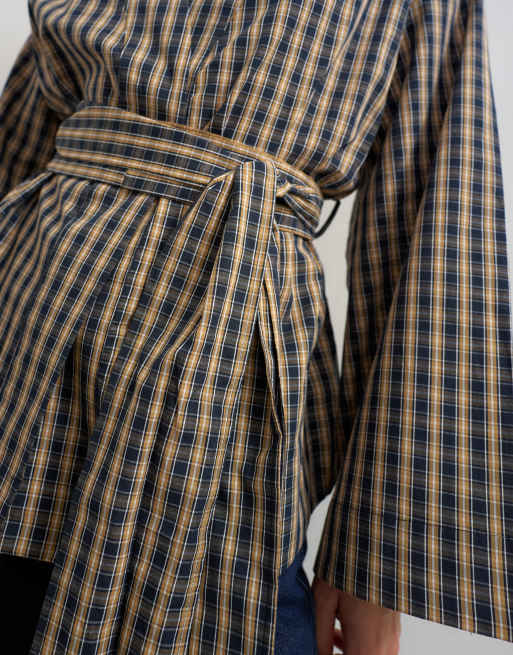 Topshop wrap tie detail top in check print, 2 of 4