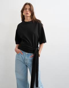 Wrap waist tie detail top in black