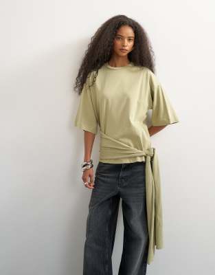 Topshop Wrap Waist Tie Detail Top In Green