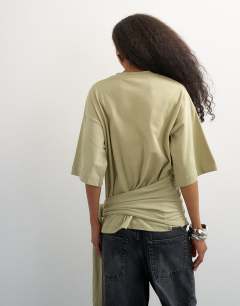 Model wearing Wrap waist tie detail top in khaki