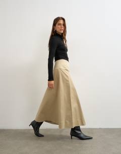 Model wearing Wrap waistband detail trench skirt in stone