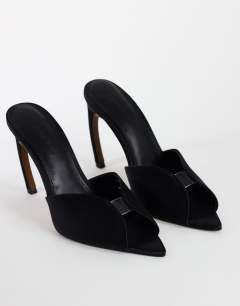 Model wearing Wren peep toe high heel sandal in black