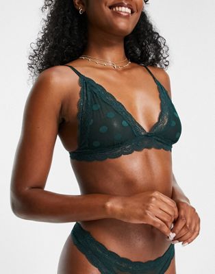 Topshop wren spot mesh lace trim soft triangle bra in dark green  - ASOS Price Checker