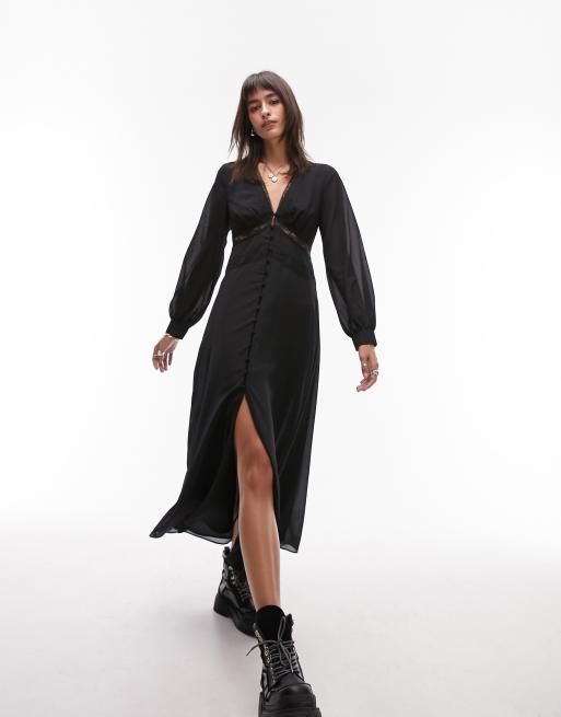 Topshop – Wykończona koronką czarna sukienka midi z dekoltem w kształcie litery v