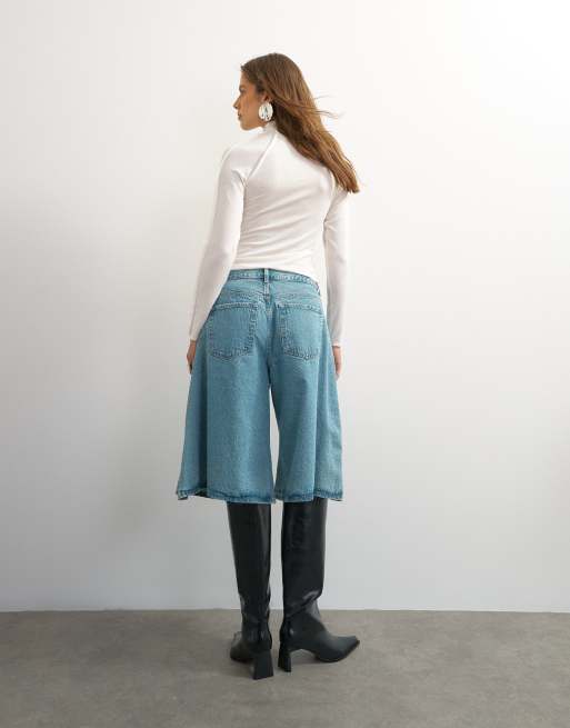 Topshop X Cara - culotte vaquera ultra ancha plisada en verde claro, 3 de 5