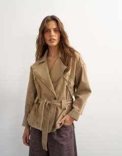 X Cara denim cropped trench jacket in washed beige