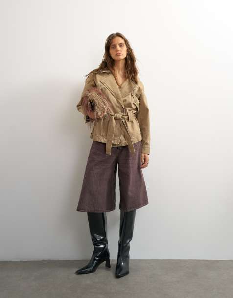 Topshop x Cara denim cropped trench jacket in washed beige - view 1