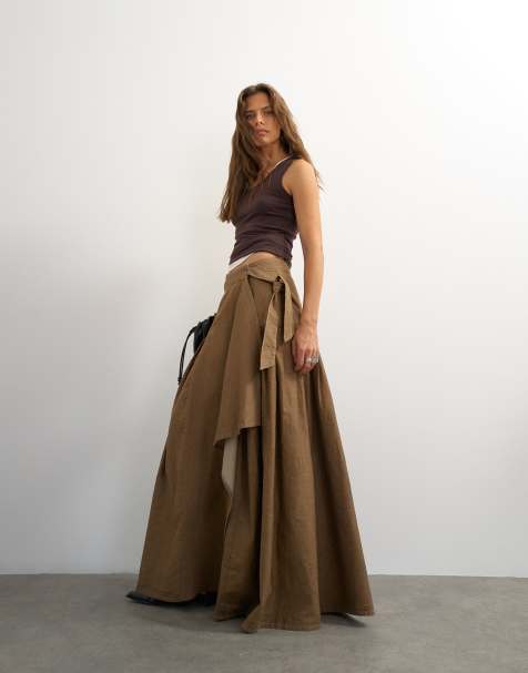 Topshop X Cara denim nederdel med vandfaldseffekt, drapering og plisseringer i camel - view 1