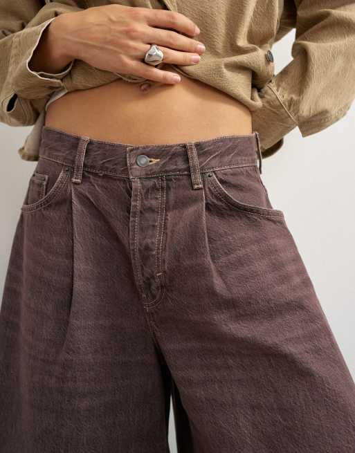 Topshop X Cara denim ultra-brede plisserede culottes i taupe, 3 af 5