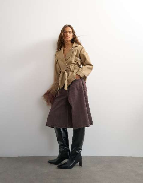 Topshop X Cara denim ultra-wide geplooide culotte in taupe - view 1