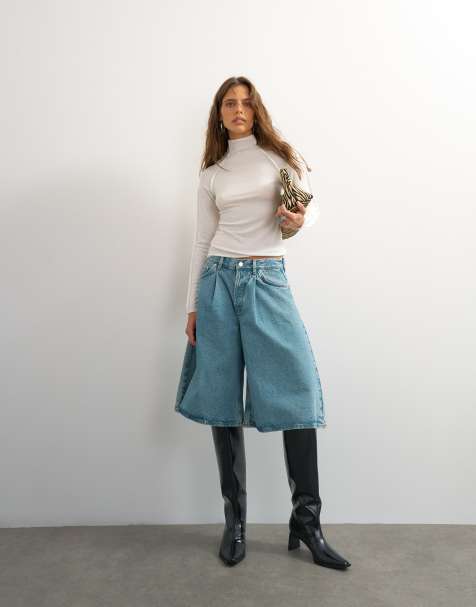 Topshop X Cara denim ultra-wide pleated culotte in light green cast - view 1