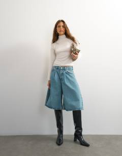 X Cara denim ultra-wide pleated culotte in light green cast