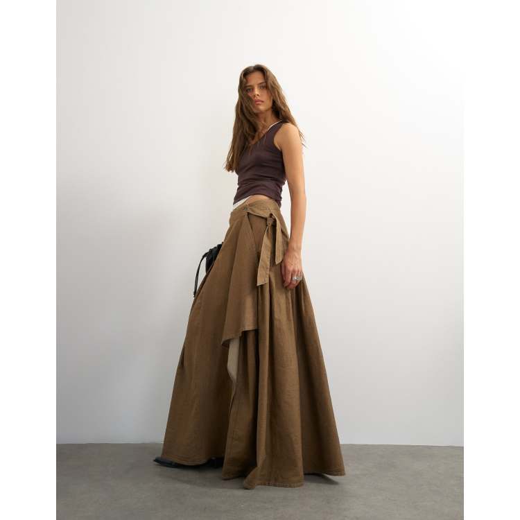 Topshop x Cara denim waterfall drape pleated skirt in camel | ASOS