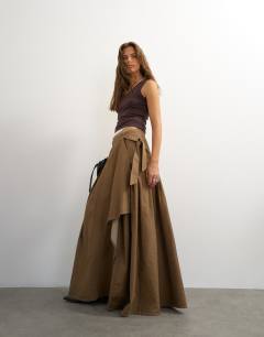 X Cara denim waterfall drape pleated skirt in camel