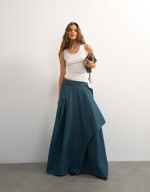 Topshop x Cara denim waterfall drape pleated skirt in green cast