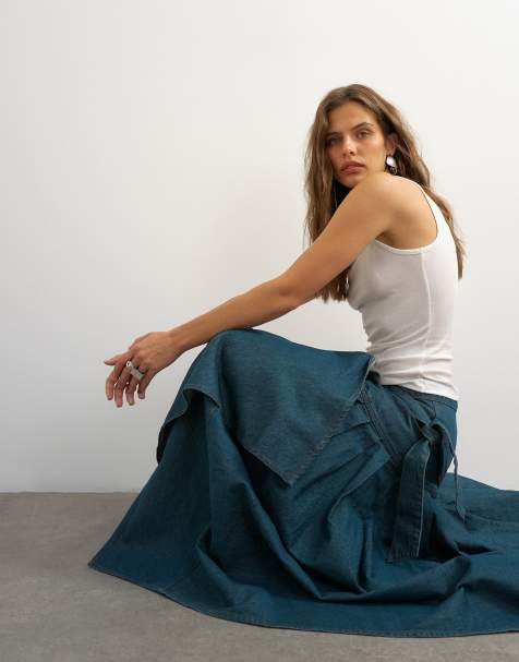 Topshop X Cara denimkjol med waterfall-drapering och veck i grön ton - view 1