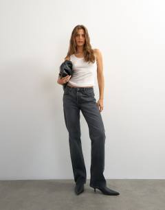 Model wearing X Cara high rise slim straight jean in washed black