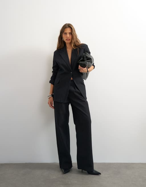 Topshop X Cara oversized pinstripe denim set blazer in indigo, 3 of 4