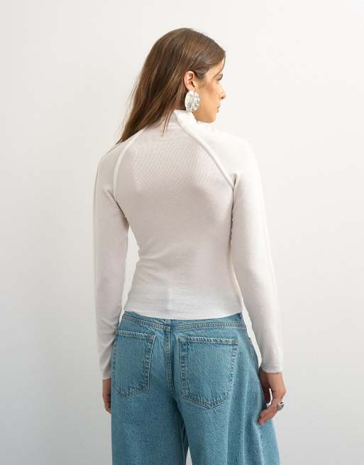 Topshop x Cara seamed long sleeve t-shirt in ecru, 4 of 4