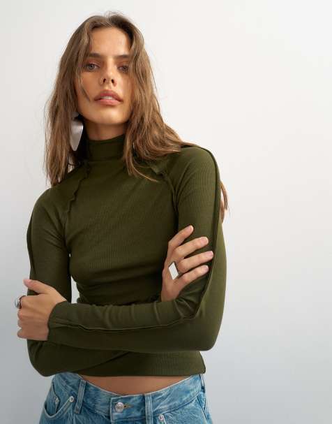 Topshop X Cara seamed long sleeve T-shirt in khaki - view 1