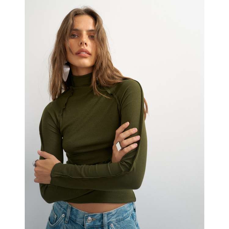 Topshop x Cara seamed long sleeve T-shirt in khaki | ASOS