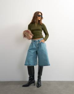 Model wearing X Cara seamed long sleeve T-shirt in khaki