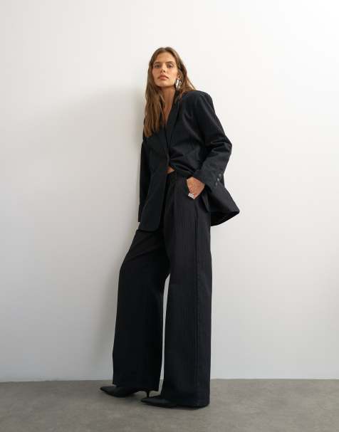 Topshop x Cara wide leg pleated pinstripe denim pants in indigo (Part of a set) - view 1