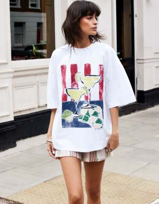 Topshop x Grace Percival - Oversize-T-Shirt in Weiß mit Grafik