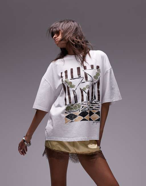Topshop x Grace Percival - Oversized T-shirt met grafische print in gebroken wit