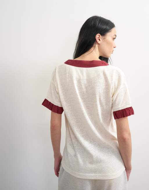 Topshop x Talia Byre contrast trim jersey top in off white, 4 of 6