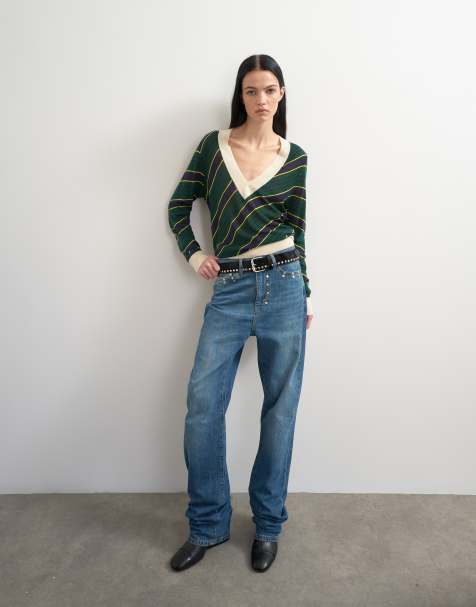 Topshop x Talia Byre halbtransparenter Pullover aus Merinowolle mit V-Ausschnitt und grünen Streifen - view 1