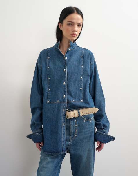 Topshop x Talia Byre Hemd mit breiter Knopfleiste und Nieten in verwaschenem Blau - view 1