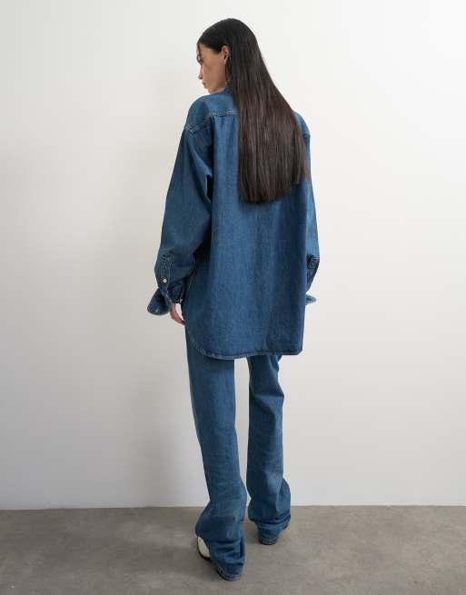 Topshop x Talia Byre overhemd met brede knoopbies en studs in blauwe wassing, 3 van 7