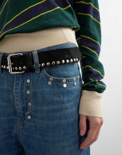 Topshop x Talia Byre premium hair on real leather studded belt in black with navy backing, 2 of 5