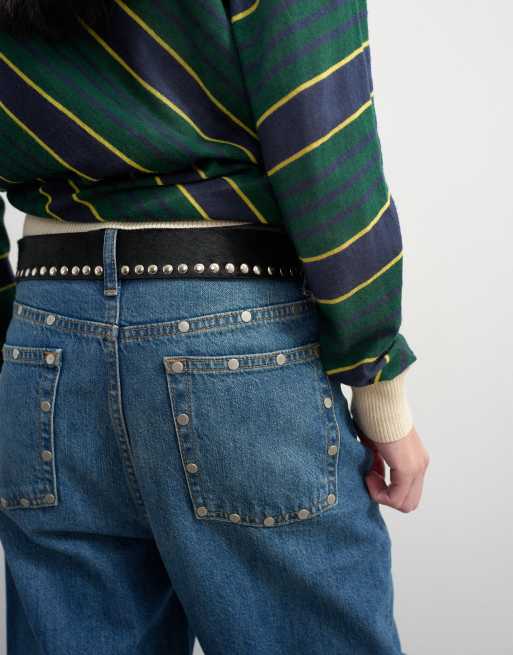 Topshop x Talia Byre premium hair on real leather studded belt in black with navy backing, 4 of 5