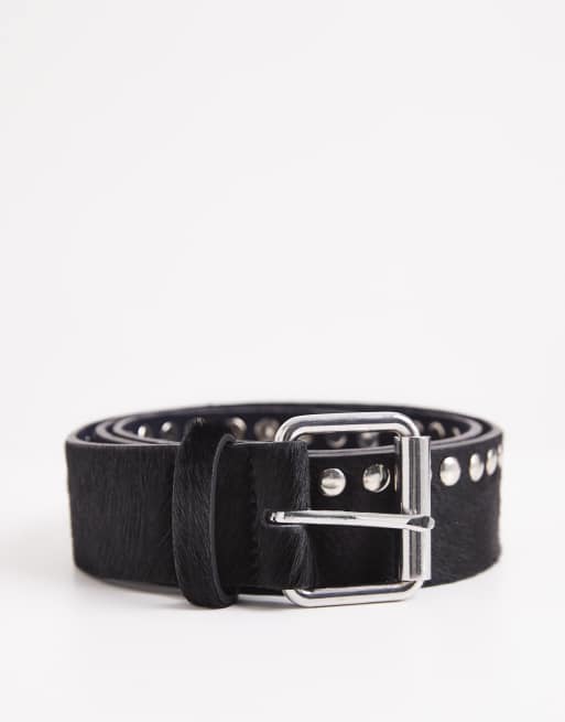 Topshop x Talia Byre premium hair on real leather studded belt in black with navy backing, 5 of 5