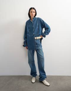 Model wearing Topshop x Talia Byre premium real leather brogue in off white