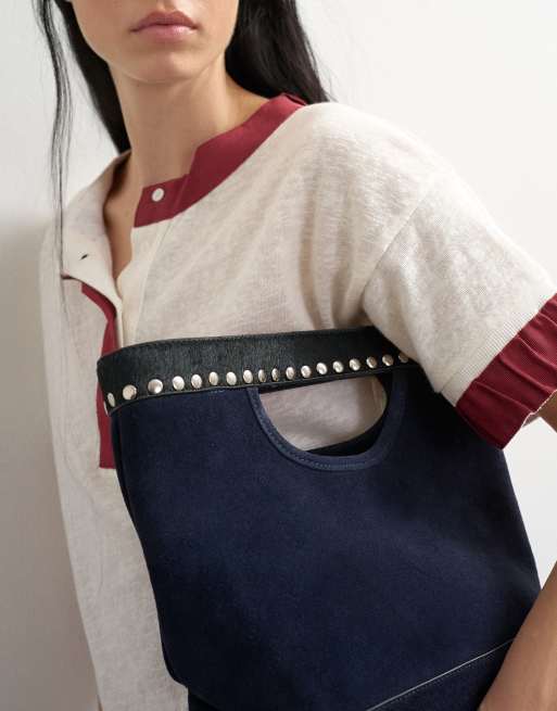 Topshop x Talia Byre premium real suede studded grab bag in navy, 3 of 5