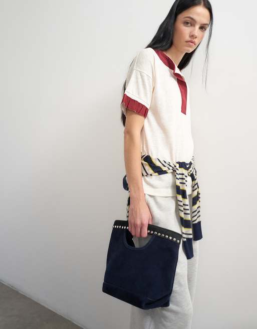 Topshop x Talia Byre premium real suede studded grab bag in navy, 4 of 5
